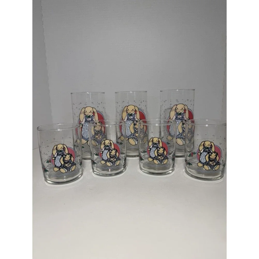 VTG‎ B&D Country Bunny Glass Tumblers Set of 7 - 1990s Cottagecore Rabbit Glass